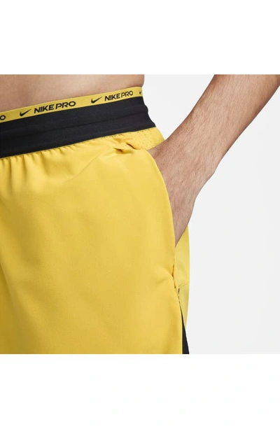 Shop Nike Pro Dri-fit Flex Rep Athletic Shorts In Vivid Sulfur/ Black
