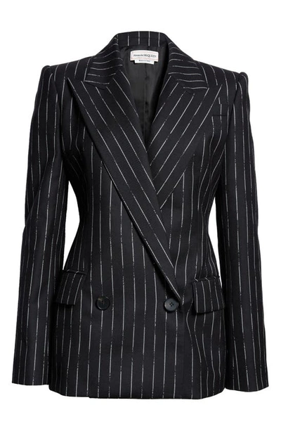 Shop Alexander Mcqueen Chalk Stripe Double Breasted Wool Blazer In 1080 Black/ Ivory