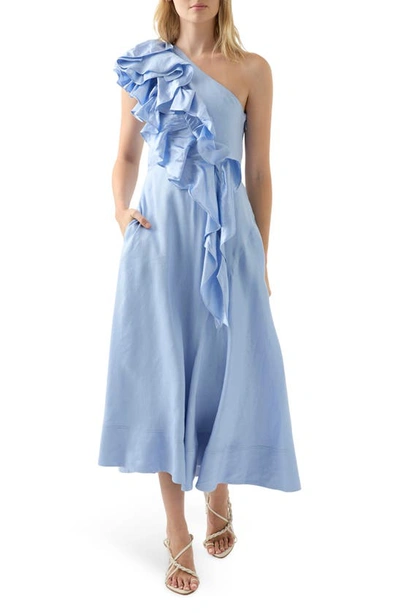 Aje Adelia One-shoulder Ruffled Woven Midi Dress In Light Sky Blue
