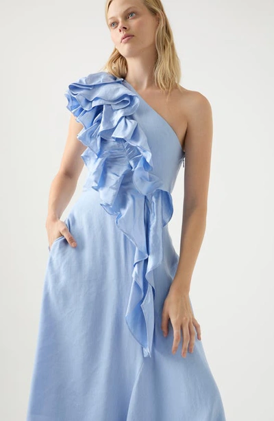 Shop Aje Adelia Asymmetric Ruffle Linen Blend Dress In Light Sky Blue