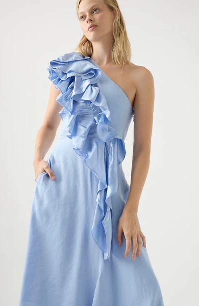Aje Adelia One-shoulder Ruffled Woven Midi Dress In Light Sky Blue