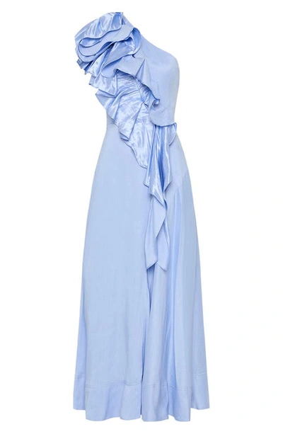 Aje Adelia One-shoulder Ruffled Woven Midi Dress In Light Sky Blue