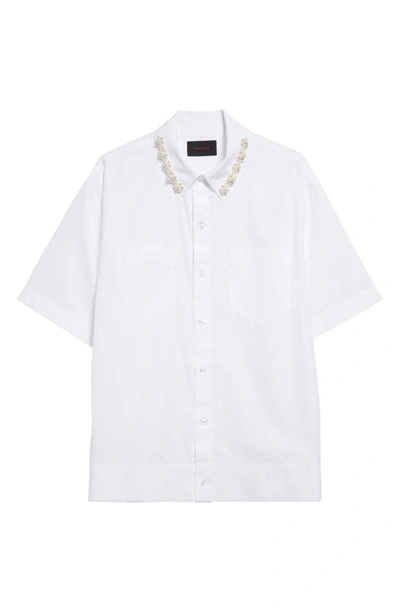 Shop Simone Rocha Embellished Collar Boxy Short Sleeve Cotton Button-up Shirt In White/ Pearl