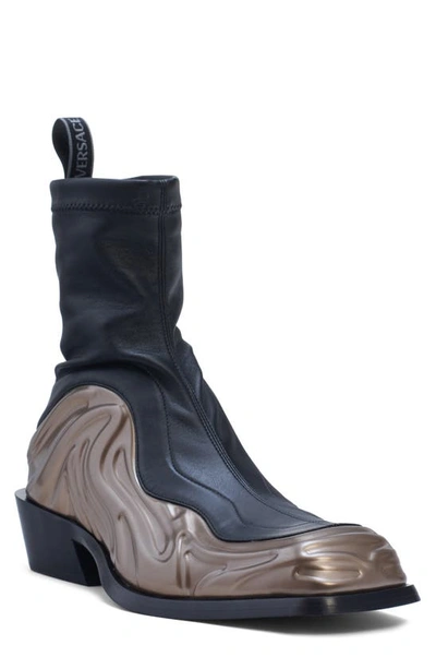 Shop Versace Molded Foam Square Toe Boot In Black/ Silver