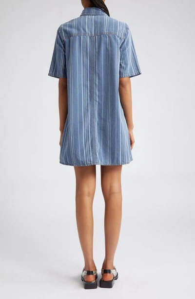 Shop Ganni Stripe Denim Shift Dress In Mid Blue Stone