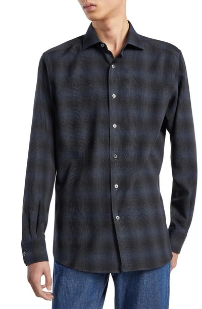 Shop Zegna Cashco Plaid Cotton & Cashmere Button-up Shirt In Navy Blue