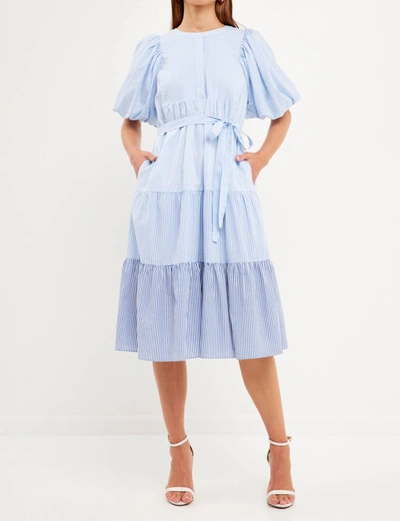 Shop English Factory Ms. French Puff Sleeve Midi Dress In Blue