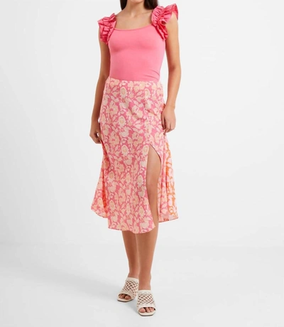 Shop French Connection Cosette Verona Slip Midi Skirt In Camellia Rose/ Mandarin Orange In Multi