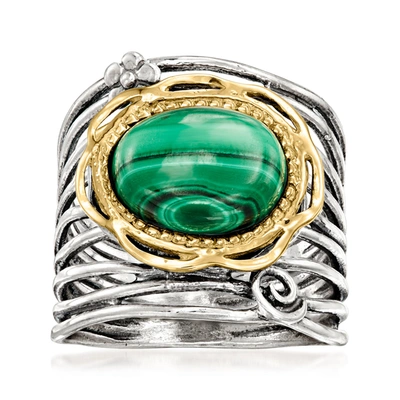 Shop Ross-simons Malachite Flower Ring In Sterling Silver And 14kt Yellow Gold In Green