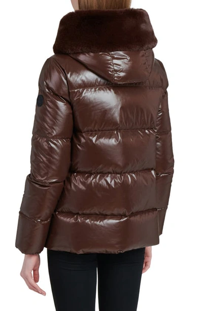 The Recycled Planet Company Water Resistant Nylon Down Puffer Coat With Faux Fur Trim In Dark Coffee