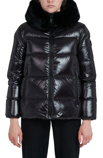 The Recycled Planet Company Water Resistant Nylon Down Puffer Coat With Faux Fur Trim In Black