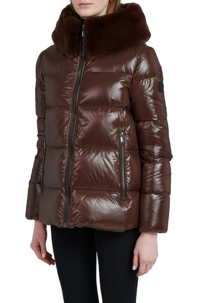 The Recycled Planet Company Water Resistant Nylon Down Puffer Coat With Faux Fur Trim In Dark Coffee