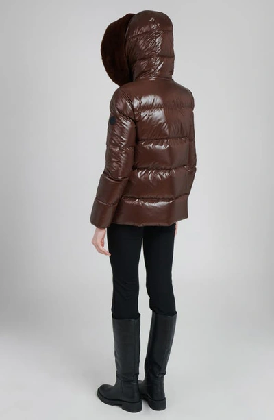 The Recycled Planet Company Water Resistant Nylon Down Puffer Coat With Faux Fur Trim In Dark Coffee