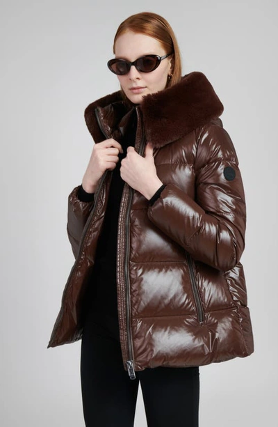 The Recycled Planet Company Water Resistant Nylon Down Puffer Coat With Faux Fur Trim In Dark Coffee
