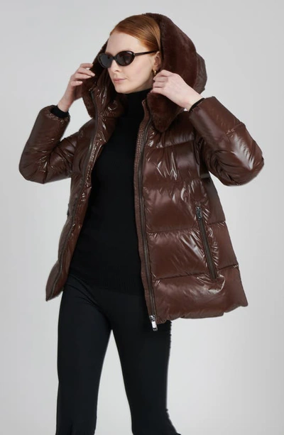 The Recycled Planet Company Water Resistant Nylon Down Puffer Coat With Faux Fur Trim In Dark Coffee
