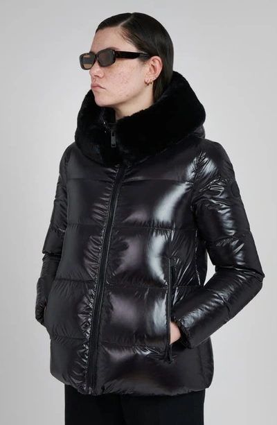 The Recycled Planet Company Water Resistant Nylon Down Puffer Coat With Faux Fur Trim In Black