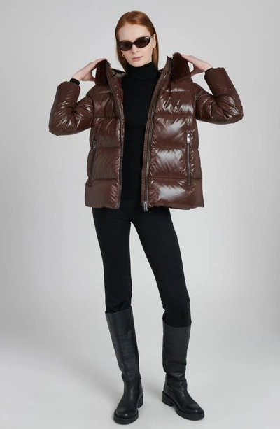 The Recycled Planet Company Water Resistant Nylon Down Puffer Coat With Faux Fur Trim In Dark Coffee
