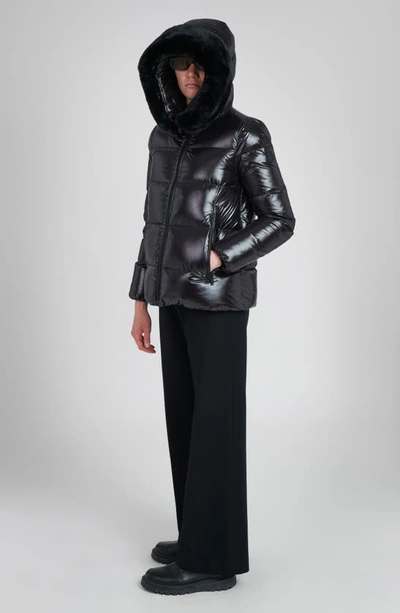The Recycled Planet Company Water Resistant Nylon Down Puffer Coat With Faux Fur Trim In Black