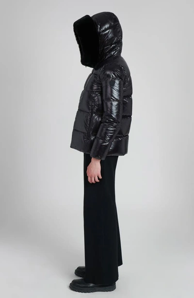 The Recycled Planet Company Water Resistant Nylon Down Puffer Coat With Faux Fur Trim In Black