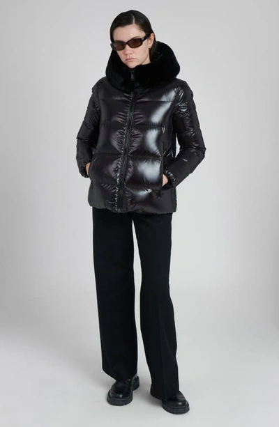 The Recycled Planet Company Water Resistant Nylon Down Puffer Coat With Faux Fur Trim In Black