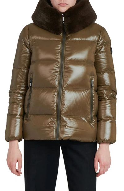 The Recycled Planet Company Water Resistant Nylon Down Puffer Coat With Faux Fur Trim In Olive