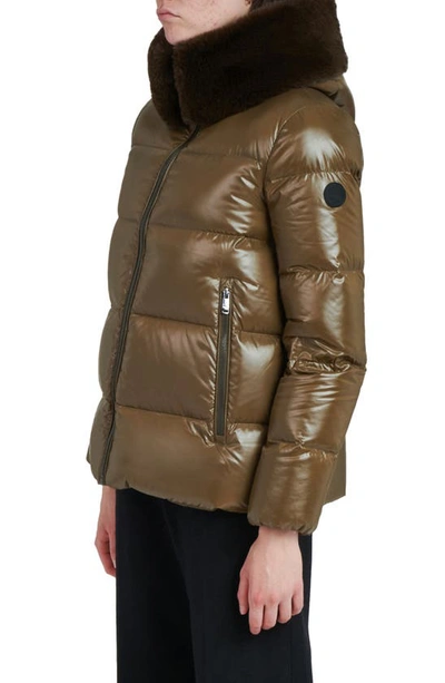 The Recycled Planet Company Water Resistant Nylon Down Puffer Coat With Faux Fur Trim In Olive