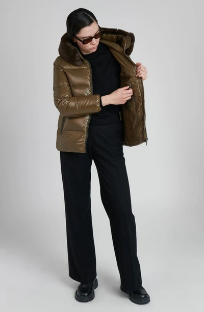 The Recycled Planet Company Water Resistant Nylon Down Puffer Coat With Faux Fur Trim In Olive