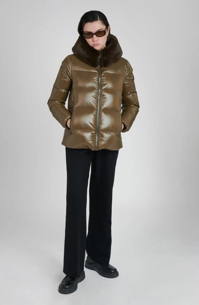 The Recycled Planet Company Water Resistant Nylon Down Puffer Coat With Faux Fur Trim In Olive