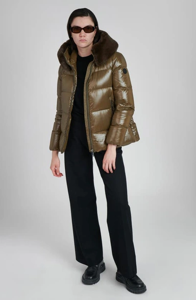 The Recycled Planet Company Water Resistant Nylon Down Puffer Coat With Faux Fur Trim In Olive