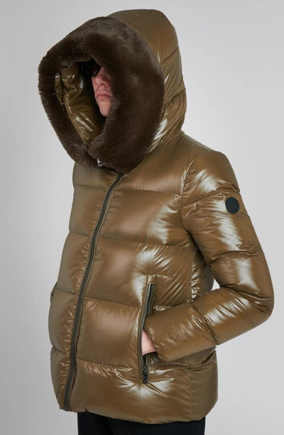 The Recycled Planet Company Water Resistant Nylon Down Puffer Coat With Faux Fur Trim In Olive
