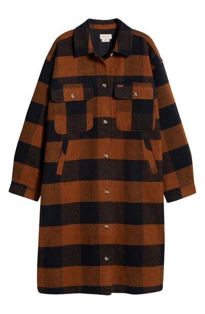 BRIXTON BOWERY PLAID COTTON FLANNEL LONGLINE SHIRT JACKET 