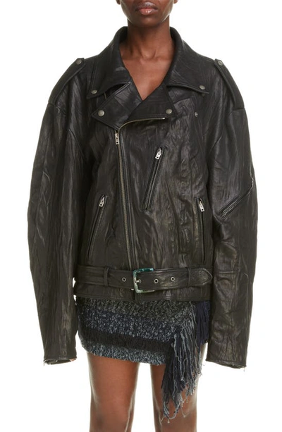Shop Acne Studios Linor Oversize Lambskin Moto Jacket In Black