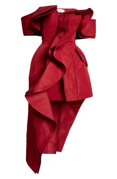 Shop Alexander Mcqueen Sculptural Off The Shoulder Drape High-low Gown In 6659 Blood Red