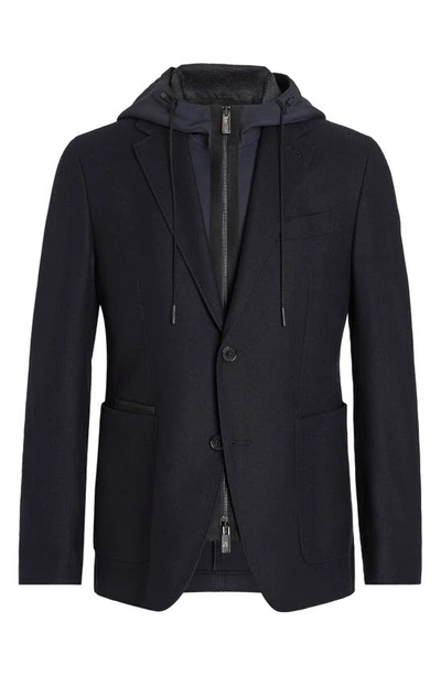 Shop Zegna Trofeo Wool & Cashmere Sport Coat With Removable Hooded Dickey In Navy