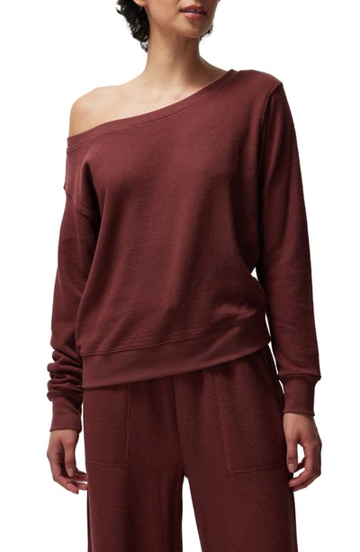 Shop Spiritual Gangster Vida Rib One-shoulder Cotton Blend Sweatshirt In Washed Burgundy