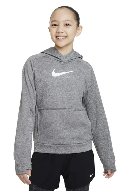 Shop Nike Kids' Therma-fit Hoodie In Dark Grey Heather/ White