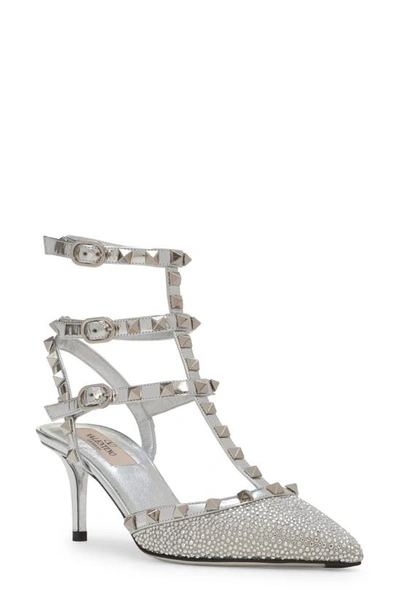 Shop Valentino Rockstud T-strap Pointed Toe Pump In Crystal/grigio Perla/silver