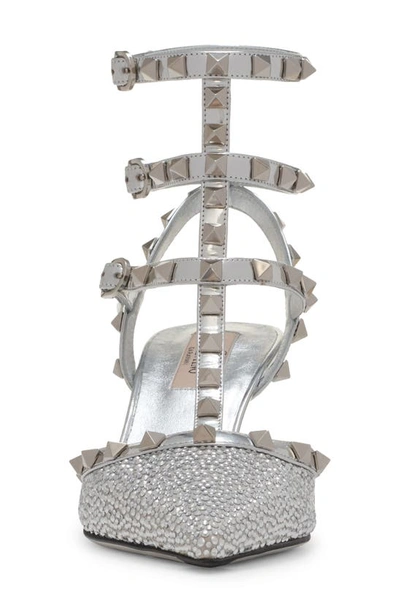 Shop Valentino Rockstud T-strap Pointed Toe Pump In Crystal/grigio Perla/silver