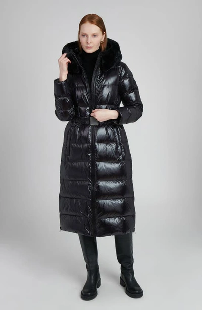 The Recycled Planet Company Lexi Water Resistant Hooded Nylon Down Puffer Coat With Faux Fur Trim In Black