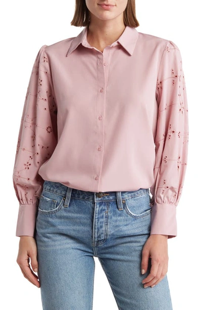 Shop Forgotten Grace Polished Eyelet Sleeve Button-up Blouse In Blush
