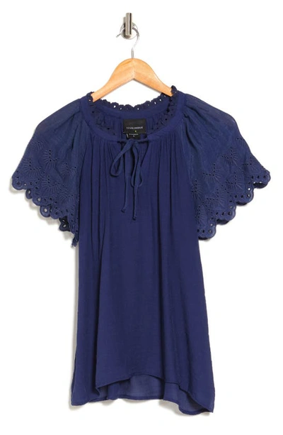 Shop Forgotten Grace Eyelet Sleeve Notched Neck Blouse In Navy