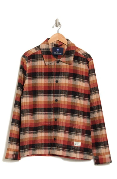Shop Ben Sherman Plaid Snap Front Cotton Shirt Jacket In Orange