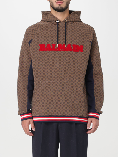 Shop Balmain Cotton Sweatshirt With Monogram Pattern In Dark