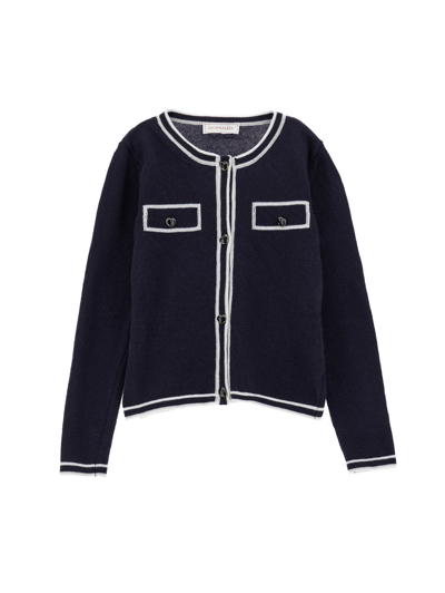 Monnalisa Contrast-trim Wool Cardigan In Blue + White