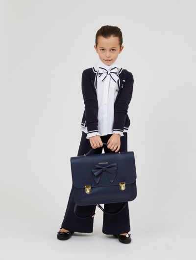 Monnalisa Contrast-trim Wool Cardigan In Blue + White