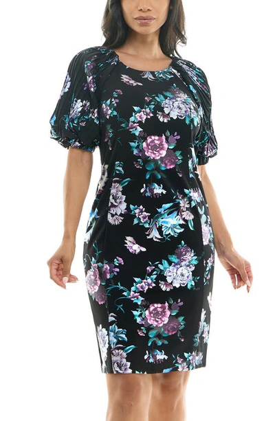 Shop Nina Leonard Floral Puff Sleeve Dress In Black/ Lavender Multi