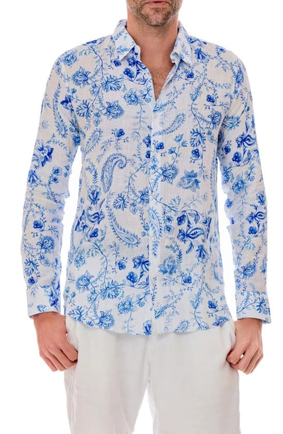 Shop Ranee's Ranees Chinoiserie Linen Button-up Shirt In White