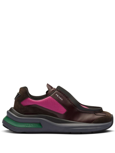 Shop Prada Brown Systeme Leather Sneakers In Red