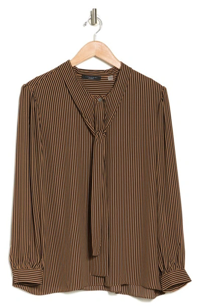 Shop T Tahari Tie Neck Button-up Shirt In Luggage/ Black Stripe