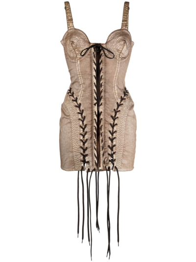Shop Jean Paul Gaultier X Knwls Conical Laced Mini Dress - Women's - Elastane/cotton In Brown